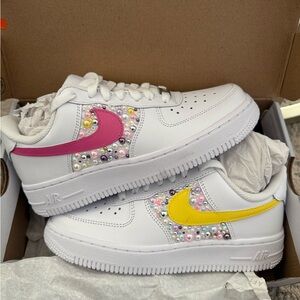 Nike Women's Air Force1 Sneakers with Pink and Yellow Custom Jewels Size 5.5
